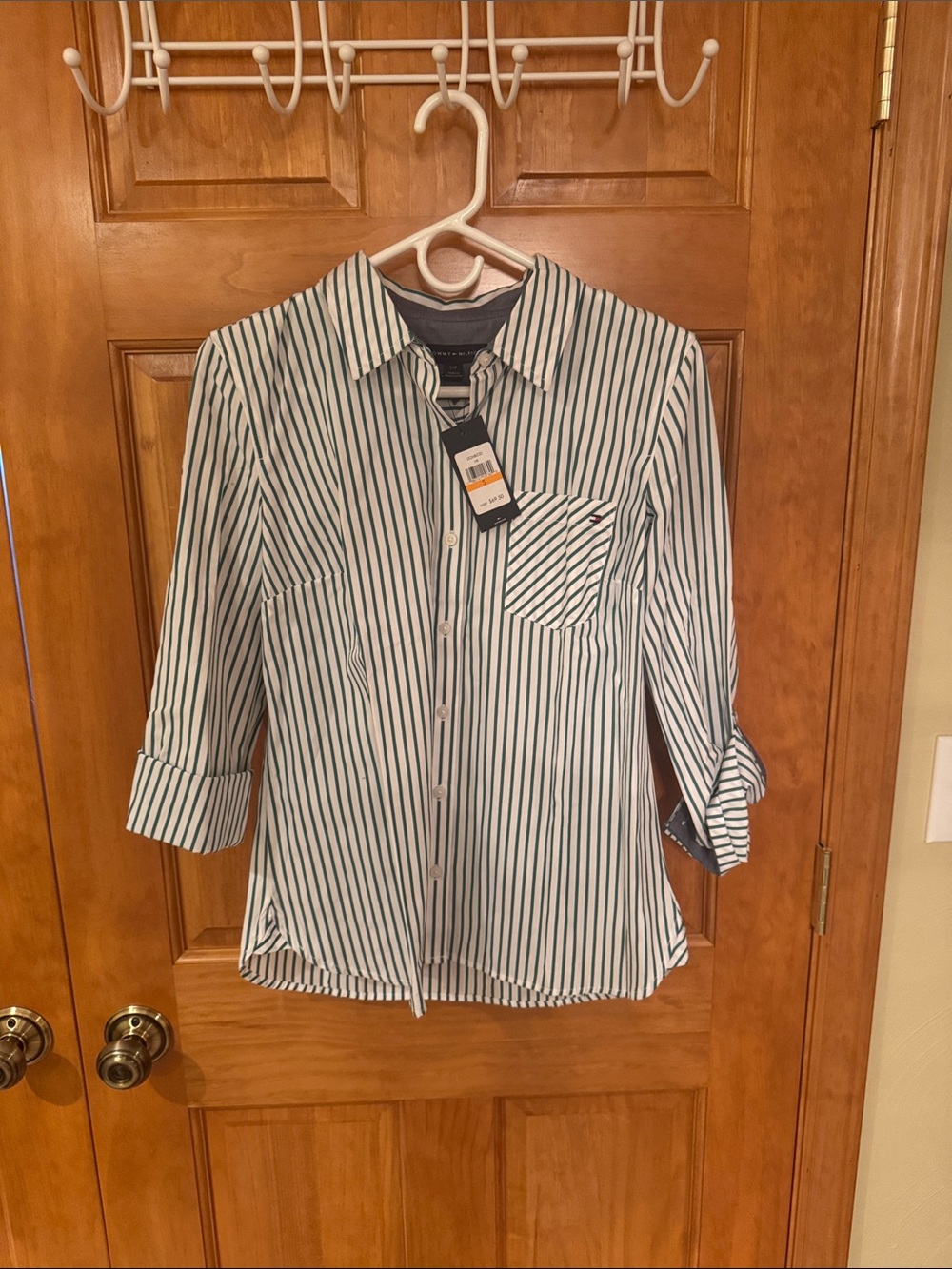 Tommy Hilfiger White Button-Down Shirt with Dark Green Stripes